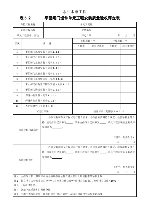 表5.2 平面闸门埋件单元工程安装质量验收评定表