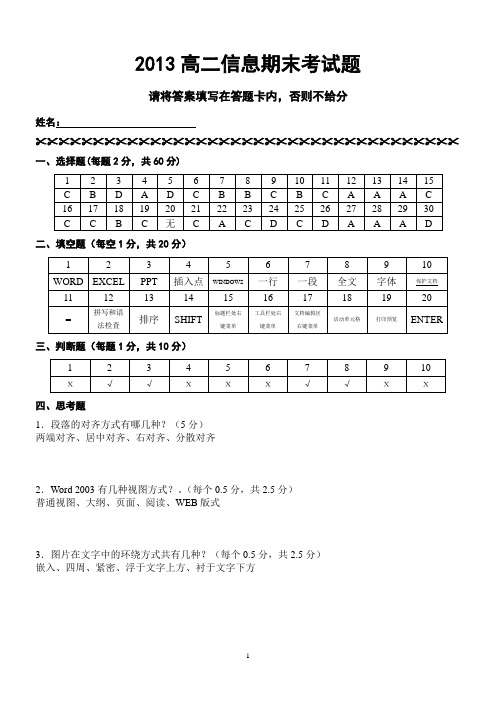 2013秋高二信息期末考试题(答案)