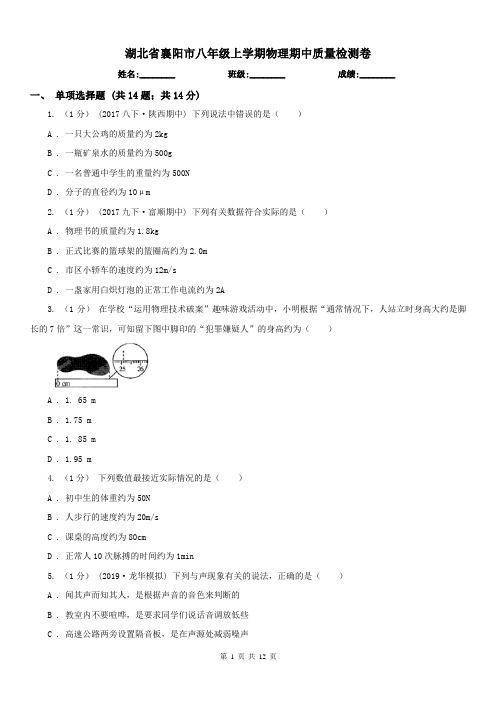 湖北省襄阳市八年级上学期物理期中质量检测卷