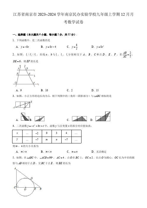 江苏省南京市南京民办实验学校2023_2024学年九年级上学期12月月考数学试卷(含解析)