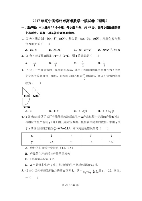 2017年辽宁省锦州市高考一模数学试卷(理科)【解析版】