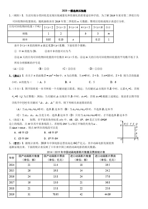 2020年北京市各区一模测试九年级数学选择压轴题及答案