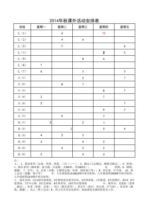 2014年秋课外活动安排表