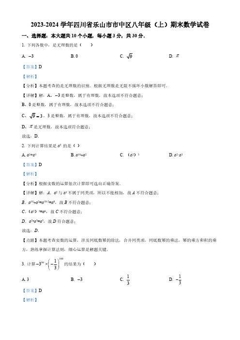 四川省乐山市市中区2023-2024学年八年级上学期期末数学试题(解析版)