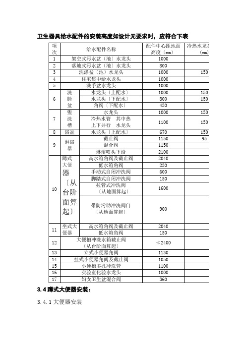 卫生器具给水配件的安装高度如设计无要求时