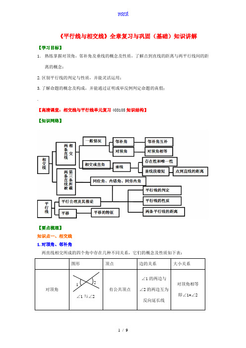 北京四中2014届中考数学专练总复习《平行线与相交线》全章复习与巩固(基础)知识讲解
