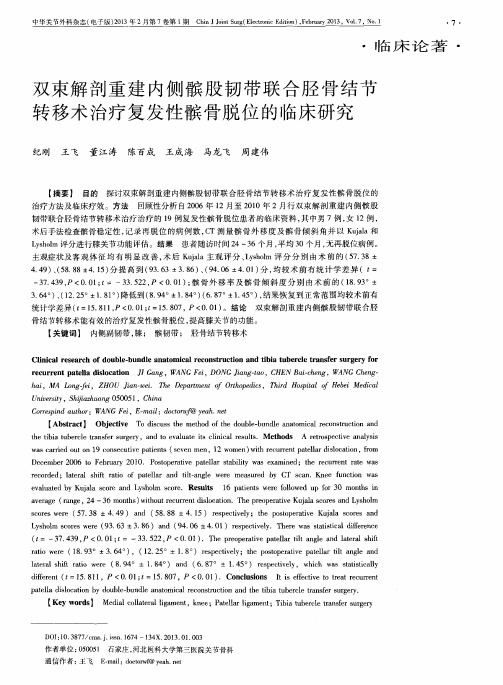 双束解剖重建内侧髌股韧带联合胫骨结节转移术治疗复发性髌骨脱位的临床研究