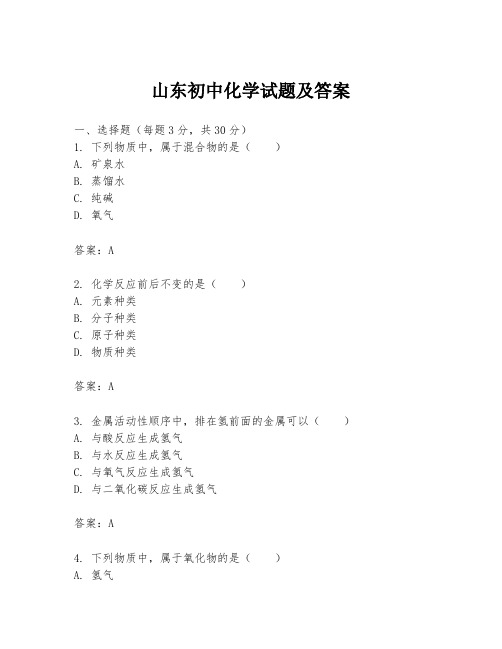 山东初中化学试题及答案