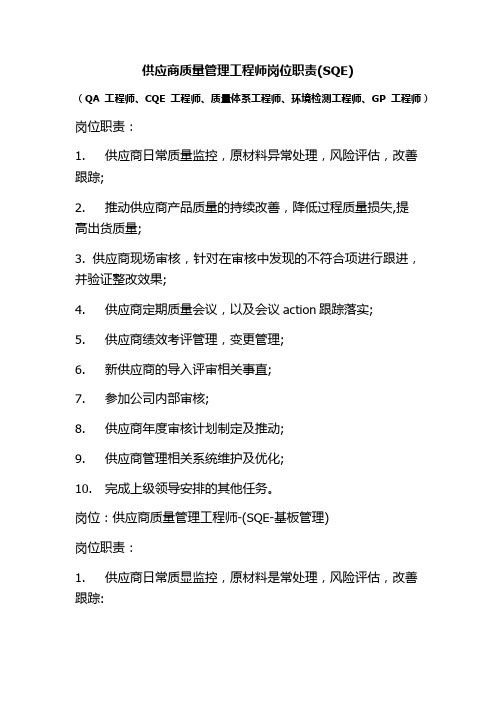 供应商质量管理工程师岗位职责(SQE、QA、GP、CQE工程师、质量体系工程师、环境检测工程师)