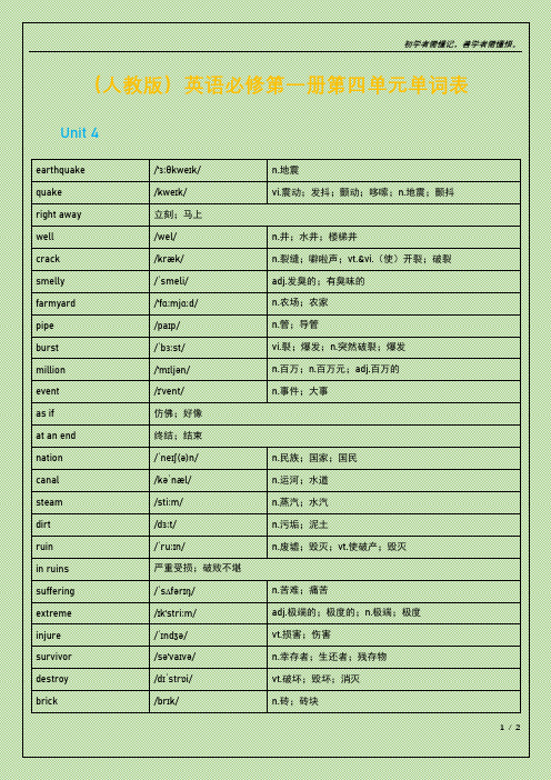 (人教版)英语必修第一册第四单元单词表