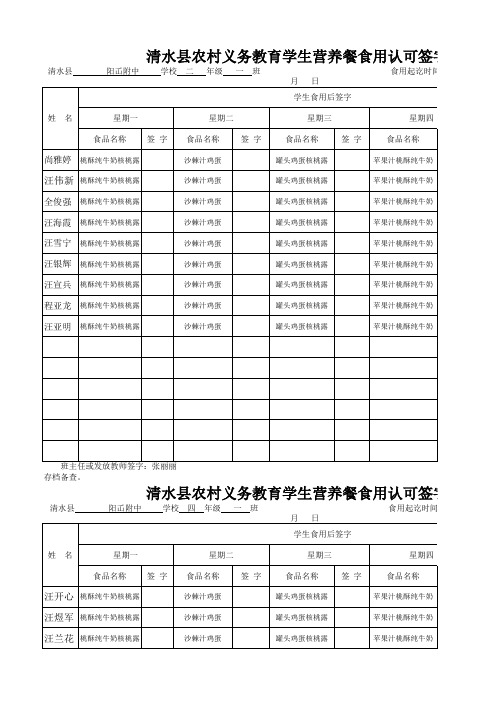 四年级营养餐 工作表