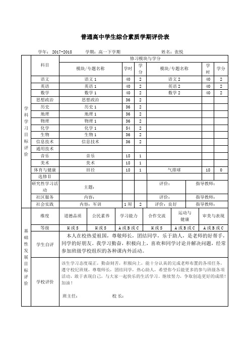 高中学生综合素质学期评价表