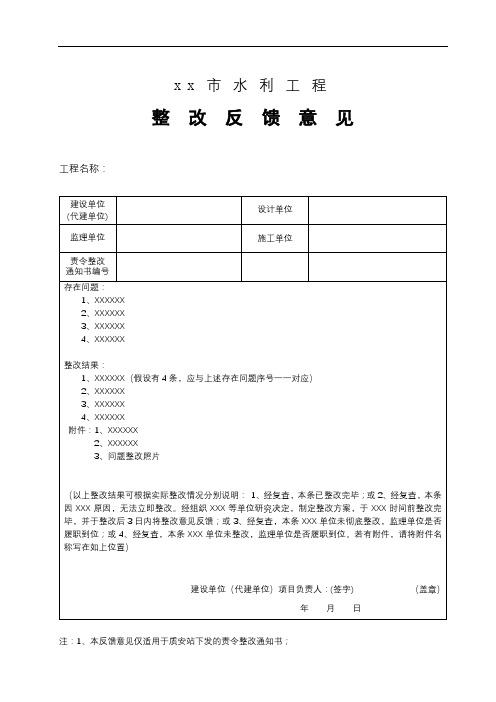 xx市水利工程整改反馈意见【模板】