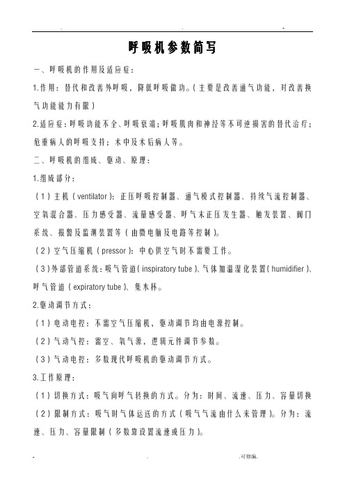 呼吸机参数简写医学