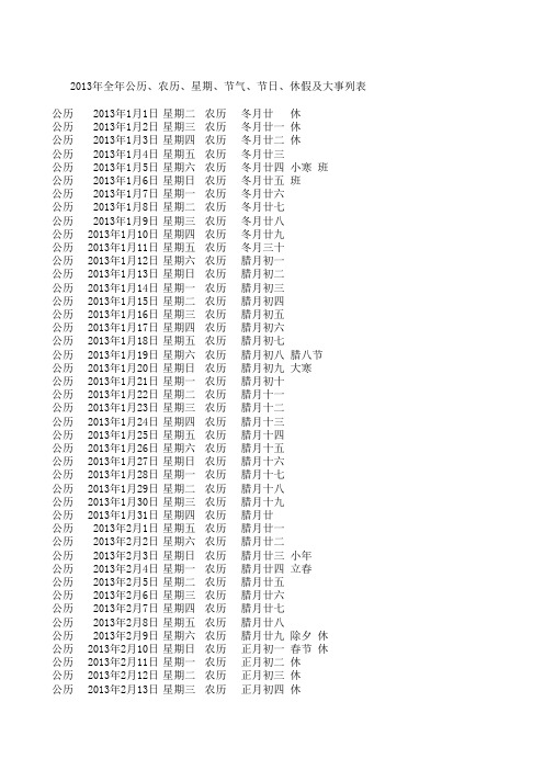 2013年全年公历、星期、农历、节气、节日、休假及大事列表