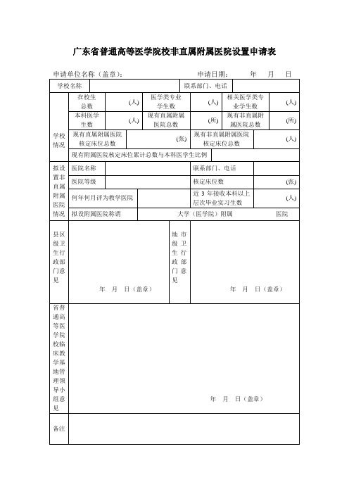 广东省普通高等医学院校非直属附属医院设置申请表