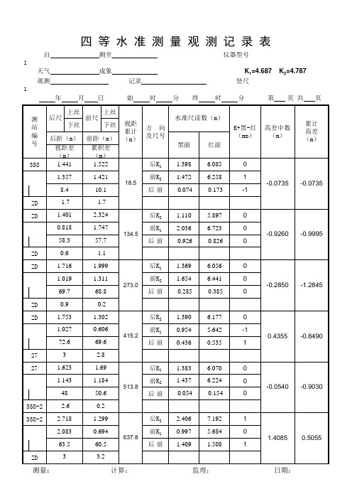 四等水准测量观测记录表