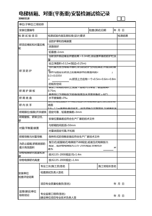 电梯轿厢、对重(平衡重)安装检测试验记录