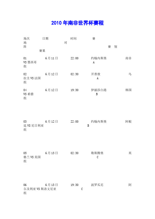 2010年南非世界杯赛程