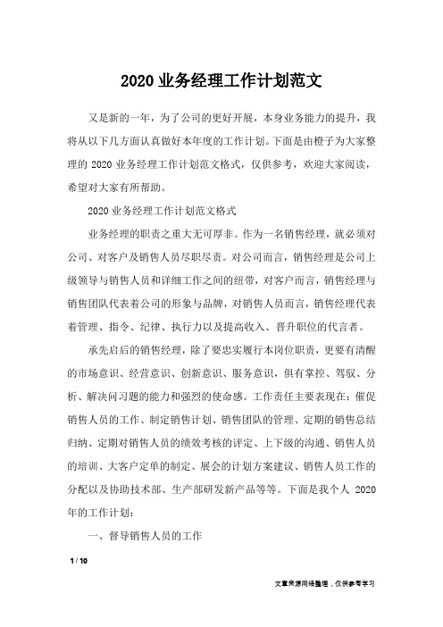 2020业务经理工作计划范文