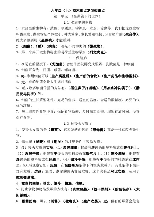 苏教版小学科学六年级上知识要点总结