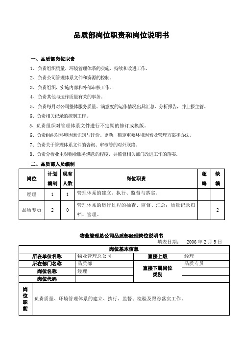品质部岗位职责和岗位说明书