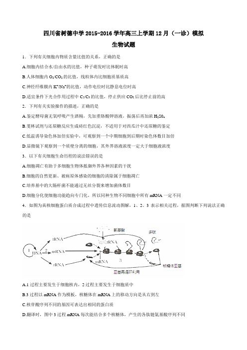 【全国百强校】四川省成都市树德中学2016届高三12月(一诊)模拟生物试题(原卷版)
