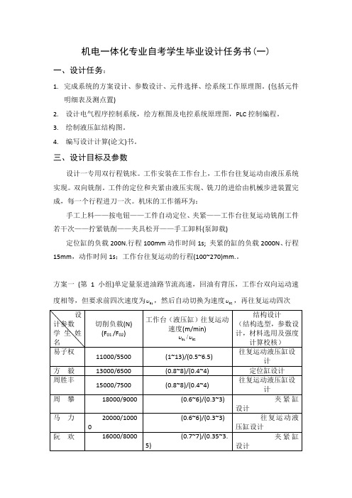 机电一体化专业学生毕业设计任务书