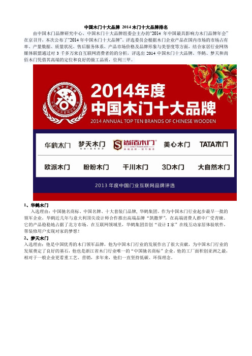 中国木门十大品牌 2014木门十大品牌排名