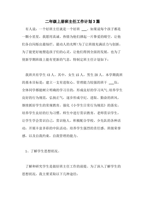 2021年二年级上册班主任工作计划3篇