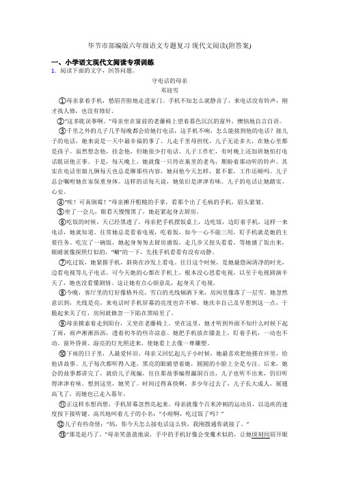 毕节市部编版六年级语文专题复习 现代文阅读(附答案)