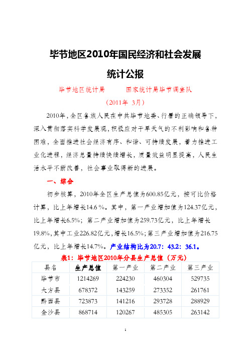 毕节地区2010年国民经济和社会发展统计公报