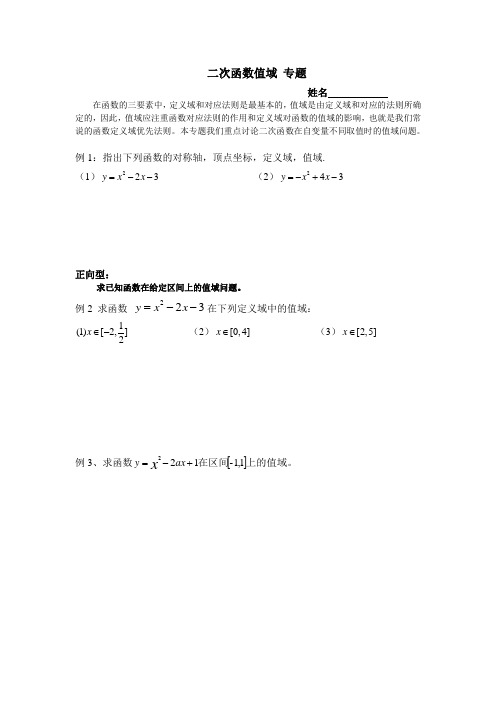 二次函数值域 专题