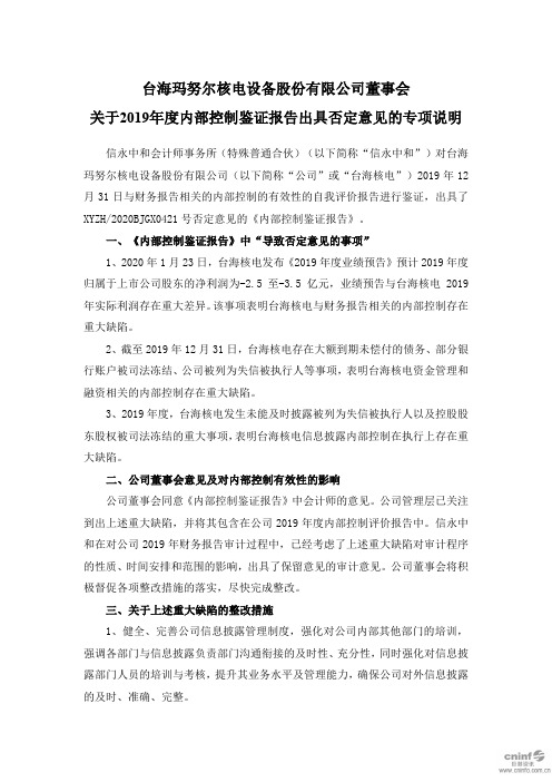 台海核电：董事会关于2019年度内部控制鉴证报告出具否定意见的专项说明