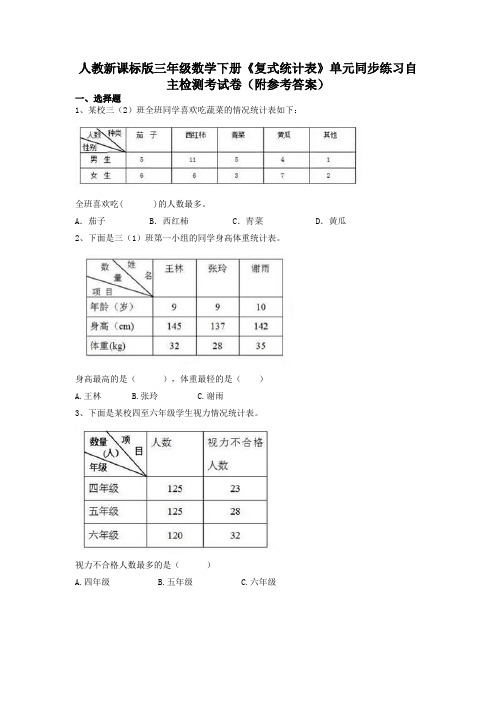 人教新课标版三年级数学下册《复式统计表》单元同步练习自主检测考试卷(附参考答案)