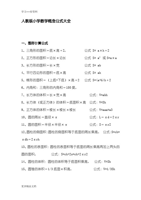 人教版数学一至六年级概念公式大全汇编