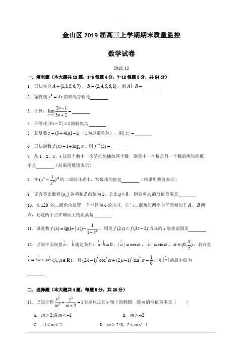 上海市金山区2019届高三上学期期末质量监控(一模)数学试卷 含答案