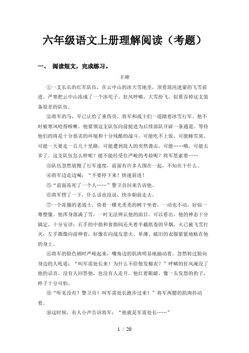 六年级语文上册理解阅读(考题)