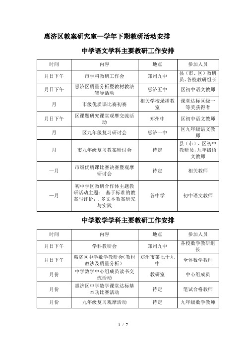 惠济区教学研究室2018—2019学年下期教研活动安排