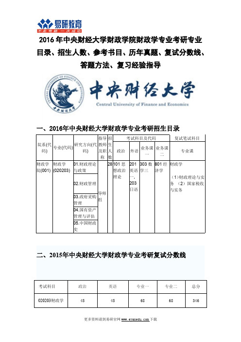 2016中央财经大学财政学院财政学专业考研专业目录专业目录 招生人数 参考书目 历年真题 分数线 复习经验