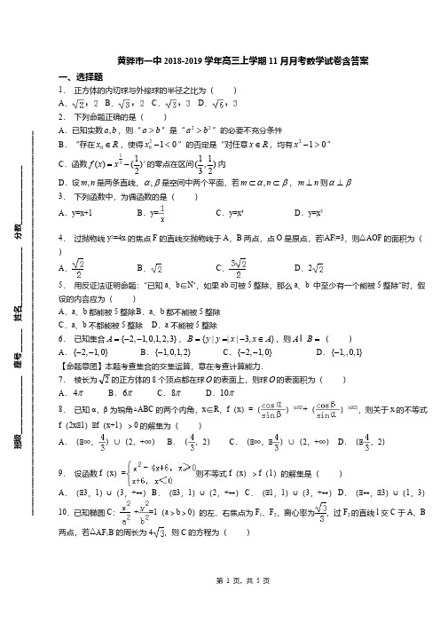 黄骅市一中2018-2019学年高三上学期11月月考数学试卷含答案