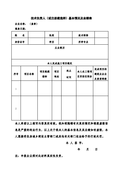 技术负责人(或注册建造师)基本情况及业绩表