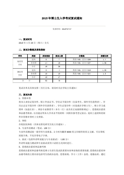 2015年中国矿业大学(北京)地测学院博士生入学考试复试通知