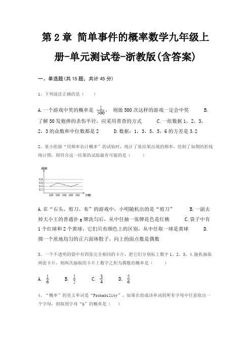 第2章 简单事件的概率数学九年级上册-单元测试卷-浙教版(含答案)