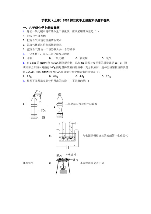 沪教版(上海)2020初三化学初三化学上册期末试题和答案