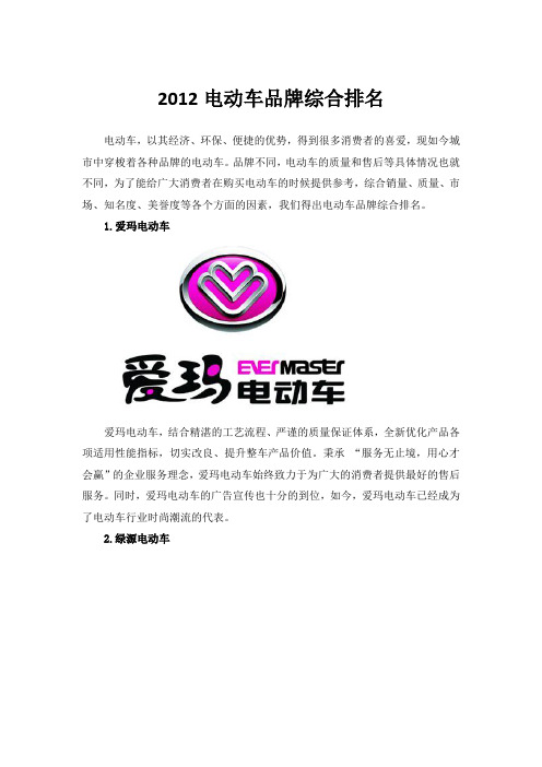 2012电动车品牌综合排名