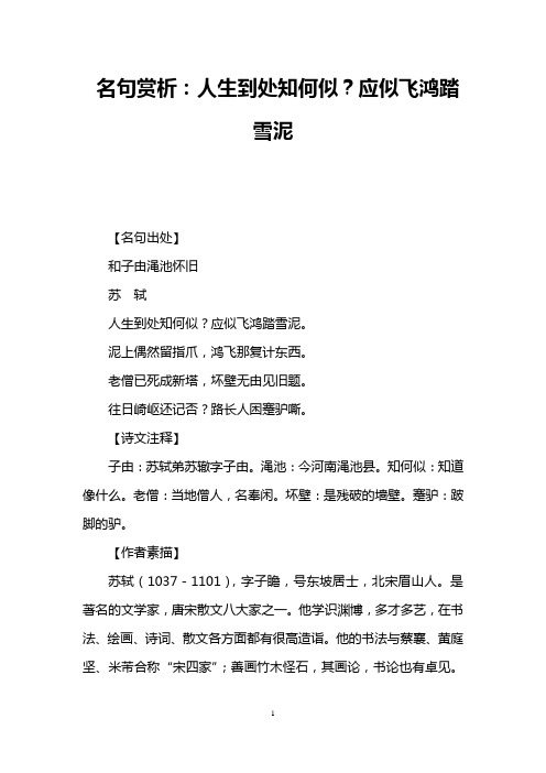 名句赏析：人生到处知何似？应似飞鸿踏雪泥