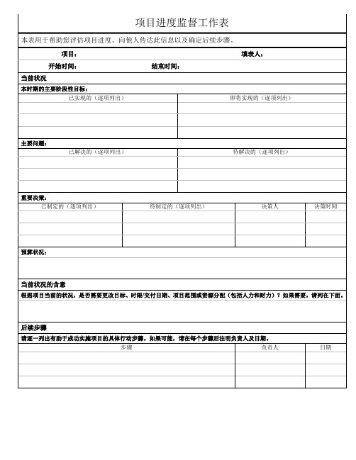 项目进度监督工作表