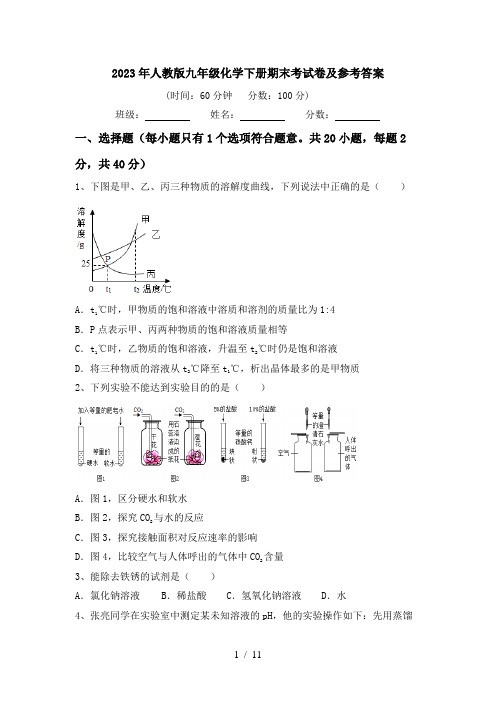 2023年人教版九年级化学下册期末考试卷及参考答案