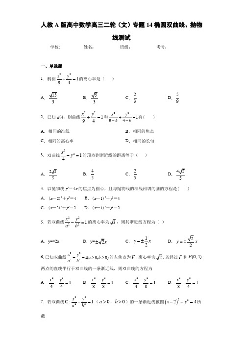 人教A版高中数学高三二轮(文)专题14椭圆双曲线、抛物线测试